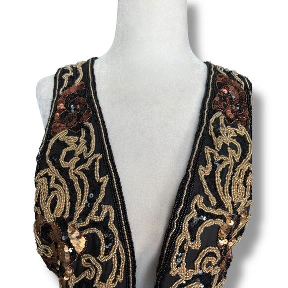 Vintage 90s Black Tie Silk Beaded Metallic Sequin Open Front Vest Gold Bronze - Picture 3 of 11